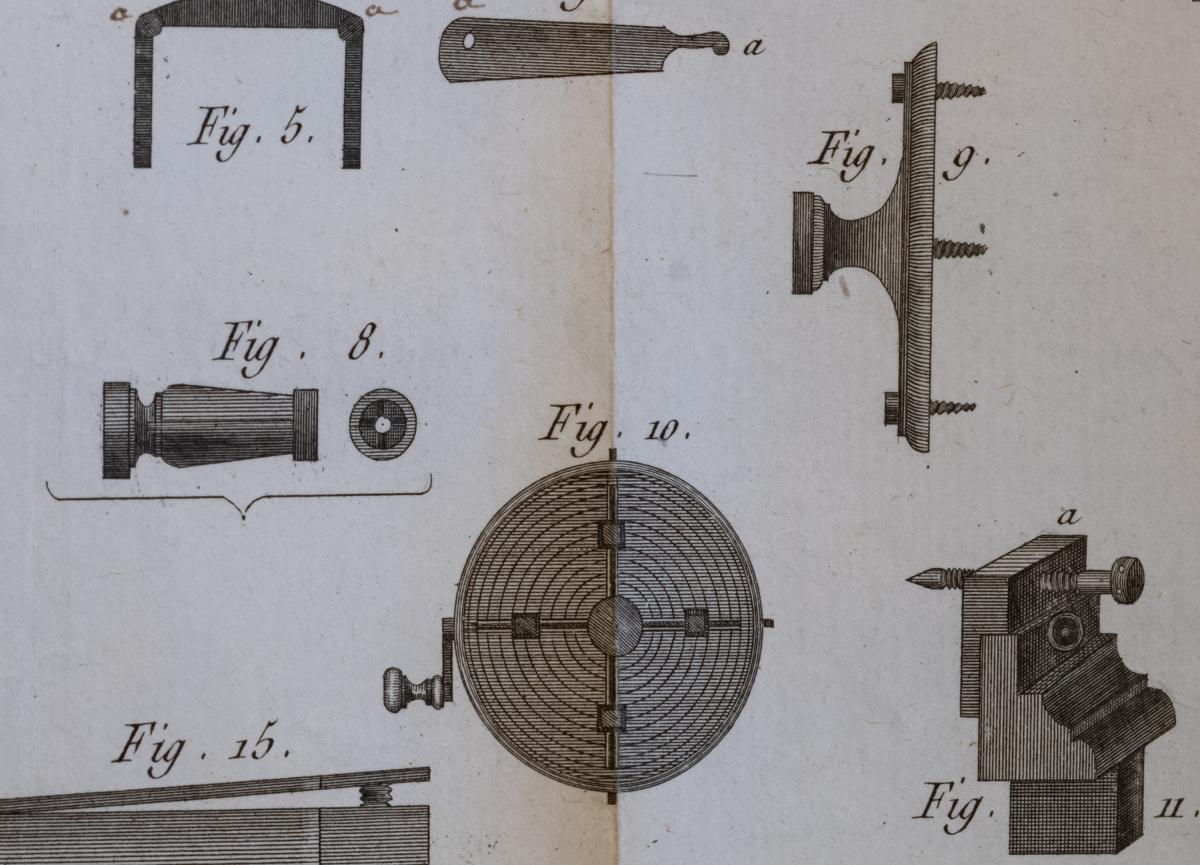 Various chucks from Bergeron's Manuel Du Tourneur Paris 1742 - #8 - collet chuck. #9 - Faceplate chuck with screws. #10 what looks like a very early four jaw independent chuck