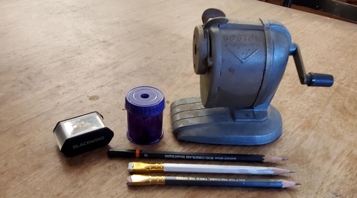  From left to right: Blackwing long point sharpener; Regular short point sharpener; Boston Champion cranked sharpener that dates from the year one