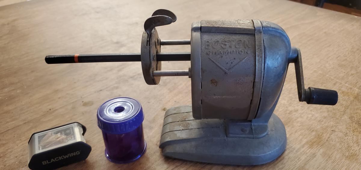 The cranked sharpener also holds your pencil. How cool is that!