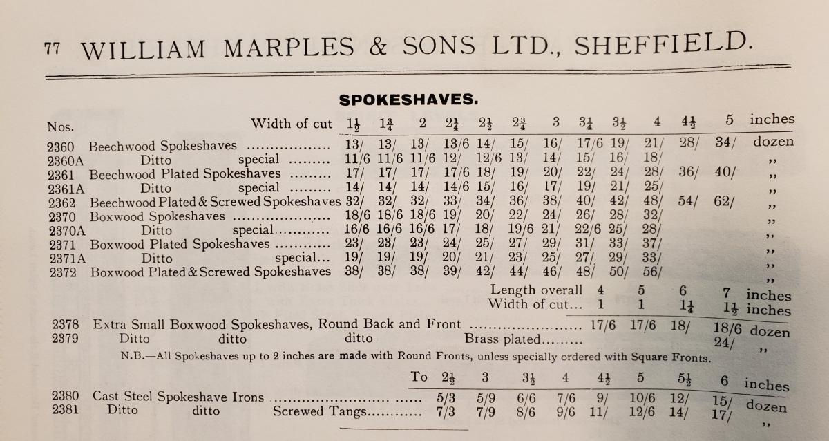 Prices from the Marples 1910 Wholesale catalog