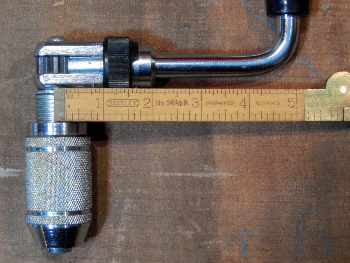 Hand Braces are categorized mainly by their sweep. The wider the sweep, the longer the circumference that the crank’s handle has to travel in order to  produce one drilling revolution, which means slower drilling. A wide sweep has the advantage of providing a stronger moment (torque) which makes it possible to drill wide holes in hardwoods. In this case, as the Stanley No. 66-10’s crank orbits around the axis of the brace, it makes a circle measuring 10