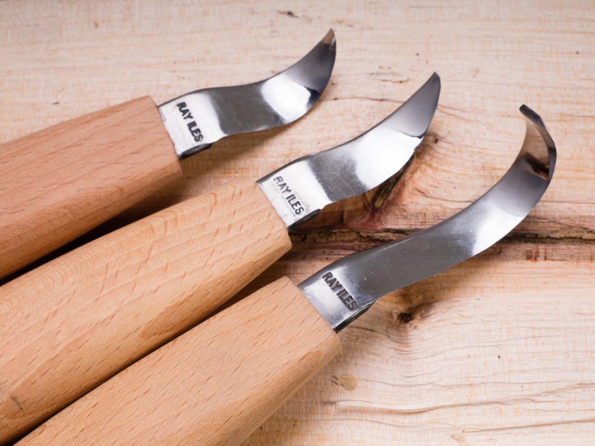 These spoon carving tools are made by Ray Iles and highlight some of the different curve depths on hook spoons