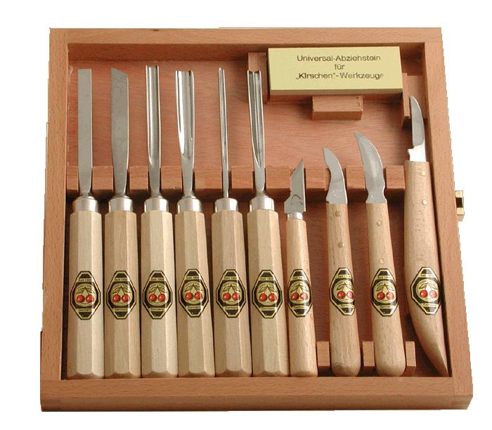Set of 10 Small Two Cherries Carving Tools with Stone and Presentation Box