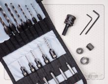 25 Piece Premium Drilling System in Canvas Pouch
Includes: 7 - Drill Bit Adapters, 5 - Gold Screw Countersinks, 6 - 2" Driver Bits, 1 - Quick Change Chuck(#48025)