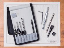 Handy Man's Set in Belt Clip Pouch - Includes: 7/64"+9/64" Countersinks, 1/8"+3/16"+1/4" Drill Adapters, 7/64" Self-Centering Hinge Bit, #2 x 3" Square Driver Bit, Hex Socket, & 1/8" Hex Key(#92352)